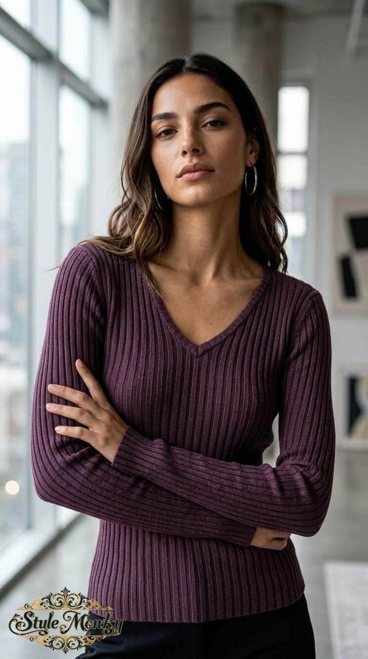 David Bitton V-Neck Sweater Size S Purple Ribbed Long Sleeve Top